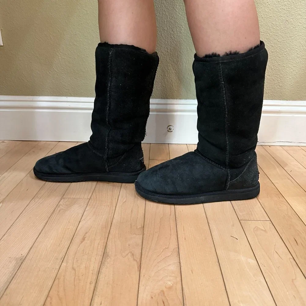 UGG Classic Tall Black Shearling Boots - Womens Size 6